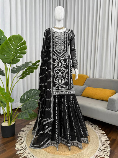 Elegant Embroidered Kurti Sharara Set with Dupatta – Premium Party Wear (Wine & Black Color Options)