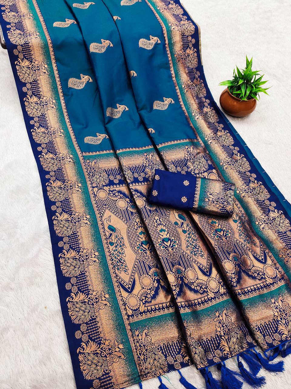 Deep Peacock Blue Banarasi Silk Saree with Antique Gold Zari & Peacock Motifs