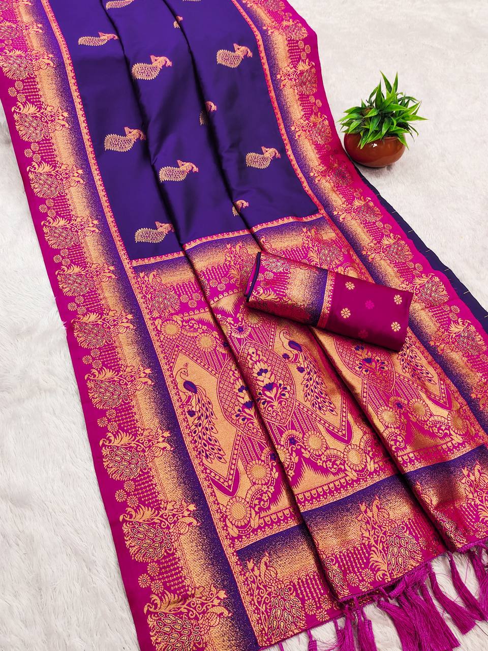 Royal Purple & Rani Pink Kanjivaram Silk Saree with Elegant Peacock Zari Pallu
