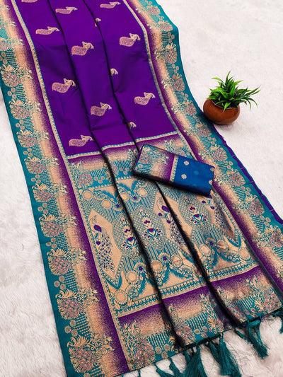 Royal Purple and Teal Banarasi Silk Saree with Elegant Peacock Zari Border
