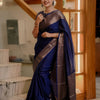 Royal Blue Banarasi Silk Saree with Antique Copper Zari Weaving & Designer Blouse Piece