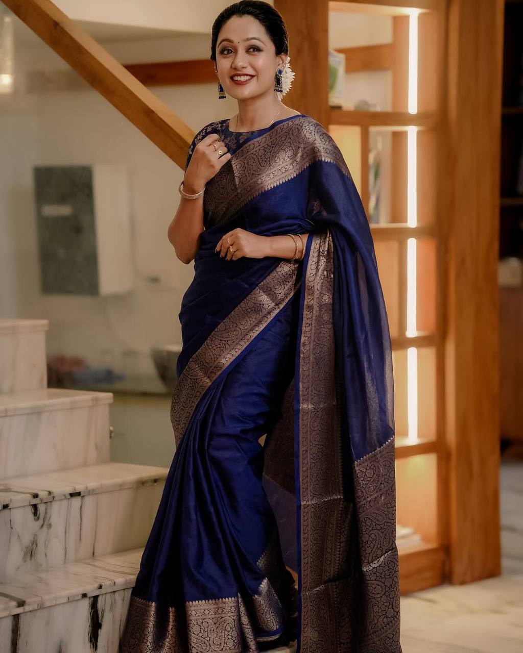 Royal Blue Banarasi Silk Saree with Antique Copper Zari Weaving & Designer Blouse Piece