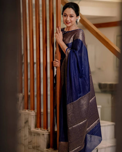 Royal Blue Banarasi Silk Saree with Antique Copper Zari Weaving & Designer Blouse Piece