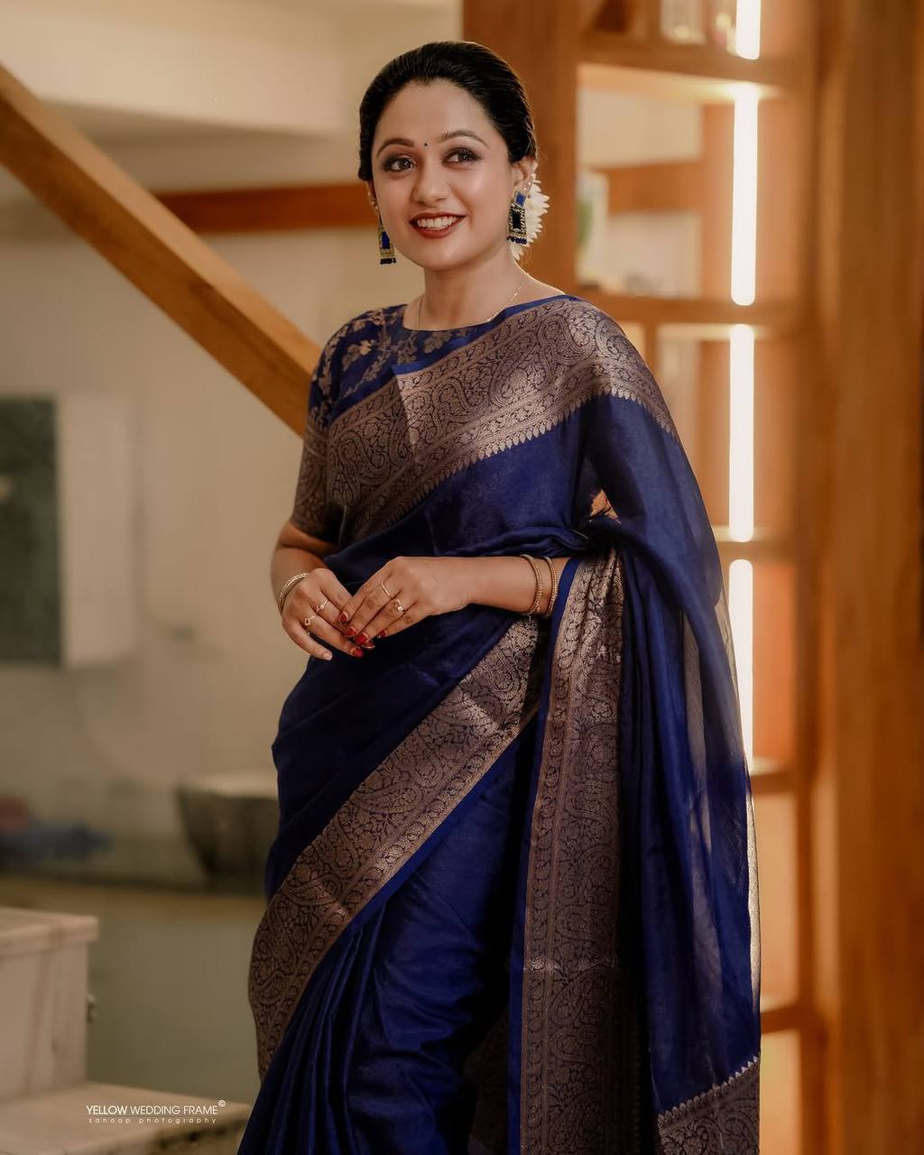Royal Blue Banarasi Silk Saree with Antique Copper Zari Weaving & Designer Blouse Piece