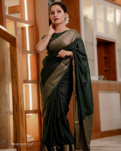 Elegant Forest Green Banarasi Silk Saree with Antique Gold Zari Weaving & Designer Blouse