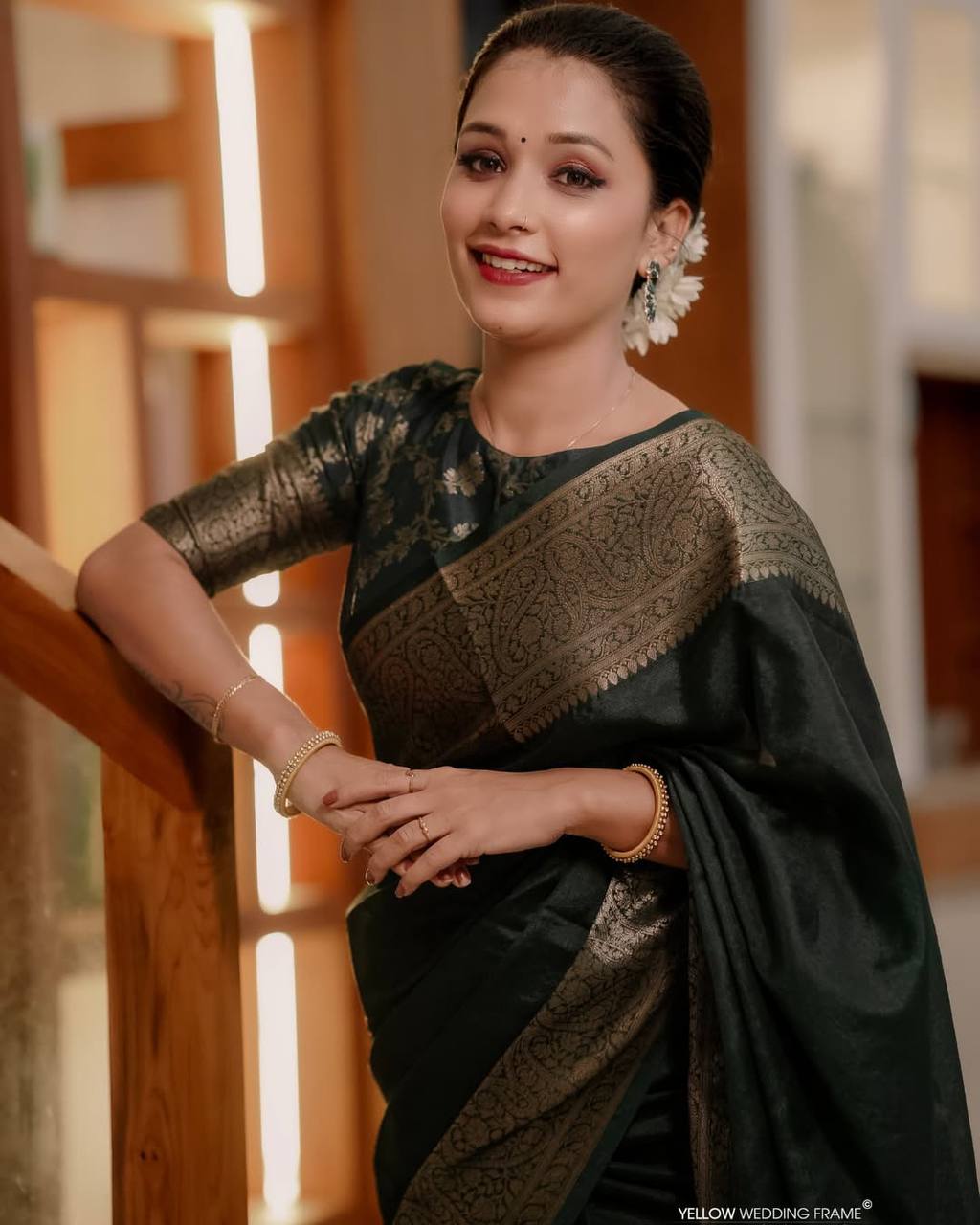 Elegant Forest Green Banarasi Silk Saree with Antique Gold Zari Weaving & Designer Blouse