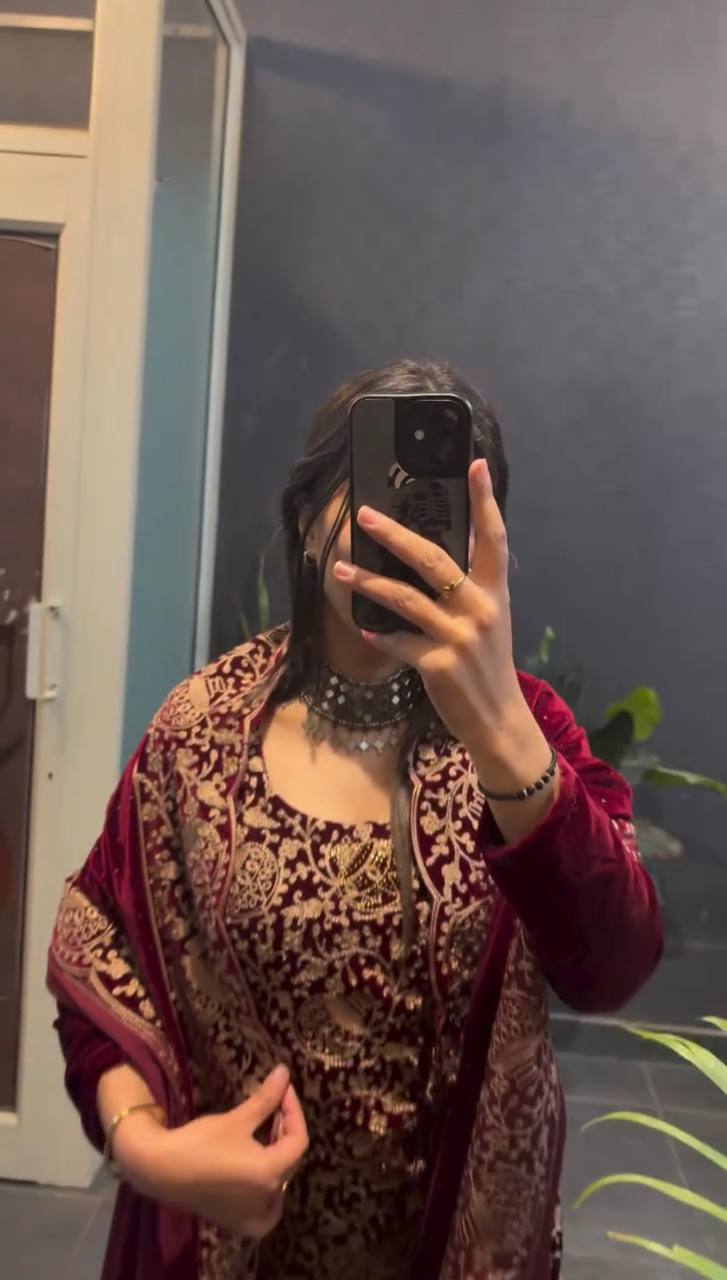 Maroon Velvet Heavy Embroidered Kurta Pant Set with Dupatta – Festive & Party Wear