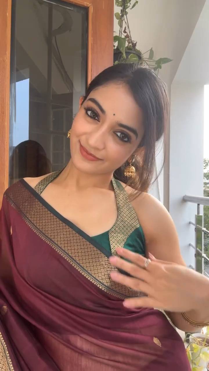 Deep Wine Chanderi Saree with Emerald Green Halter Neck Blouse