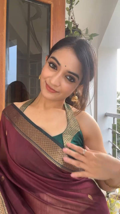 Deep Wine Chanderi Saree with Emerald Green Halter Neck Blouse