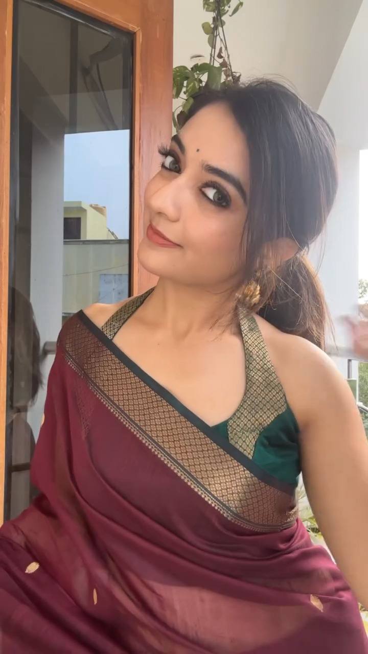 Deep Wine Chanderi Saree with Emerald Green Halter Neck Blouse