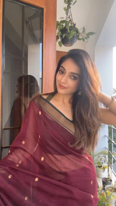 Deep Wine Chanderi Saree with Emerald Green Halter Neck Blouse