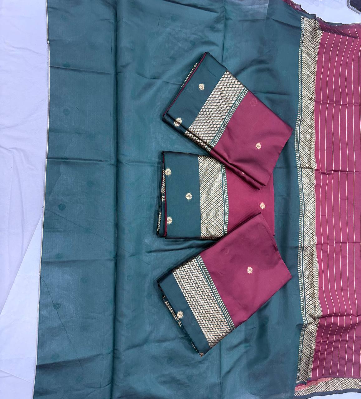 Deep Wine Chanderi Saree with Emerald Green Halter Neck Blouse