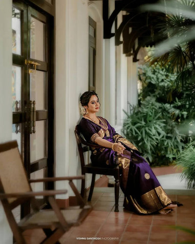 Deep Purple Banarasi Silk Saree with Antique Gold Zari & Intricate Border