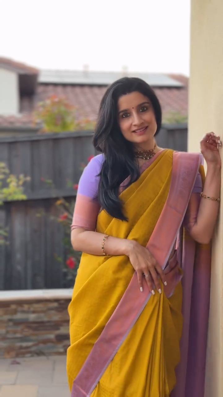 Mustard Yellow & Lavender Contrast Silk Saree with Elegant Zari Border