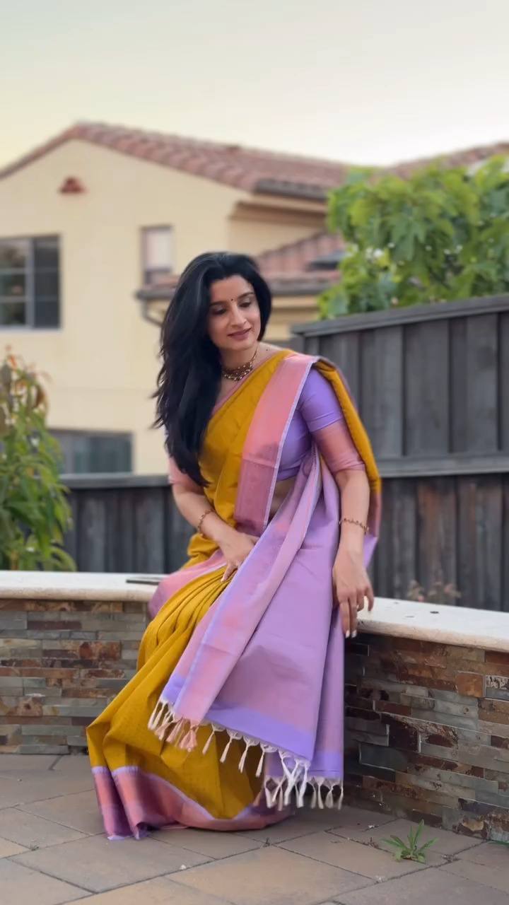 Mustard Yellow & Lavender Contrast Silk Saree with Elegant Zari Border