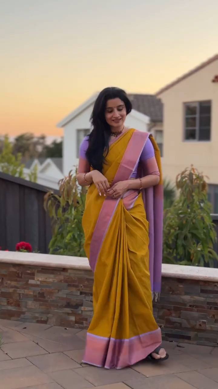 Mustard Yellow & Lavender Contrast Silk Saree with Elegant Zari Border