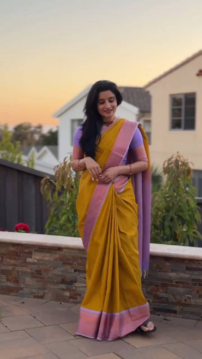 Mustard Yellow & Lavender Contrast Silk Saree with Elegant Zari Border
