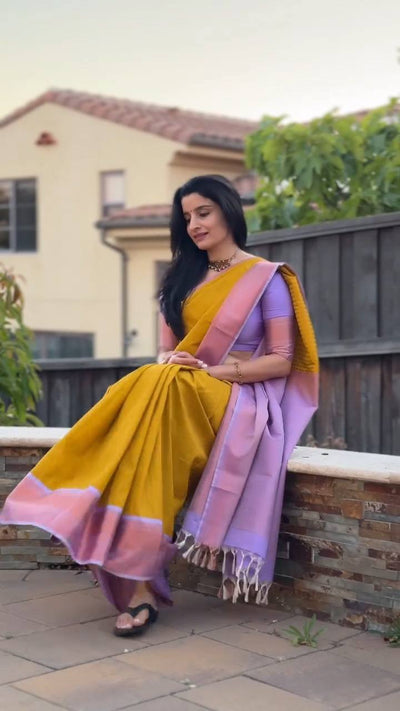 Mustard Yellow & Lavender Contrast Silk Saree with Elegant Zari Border