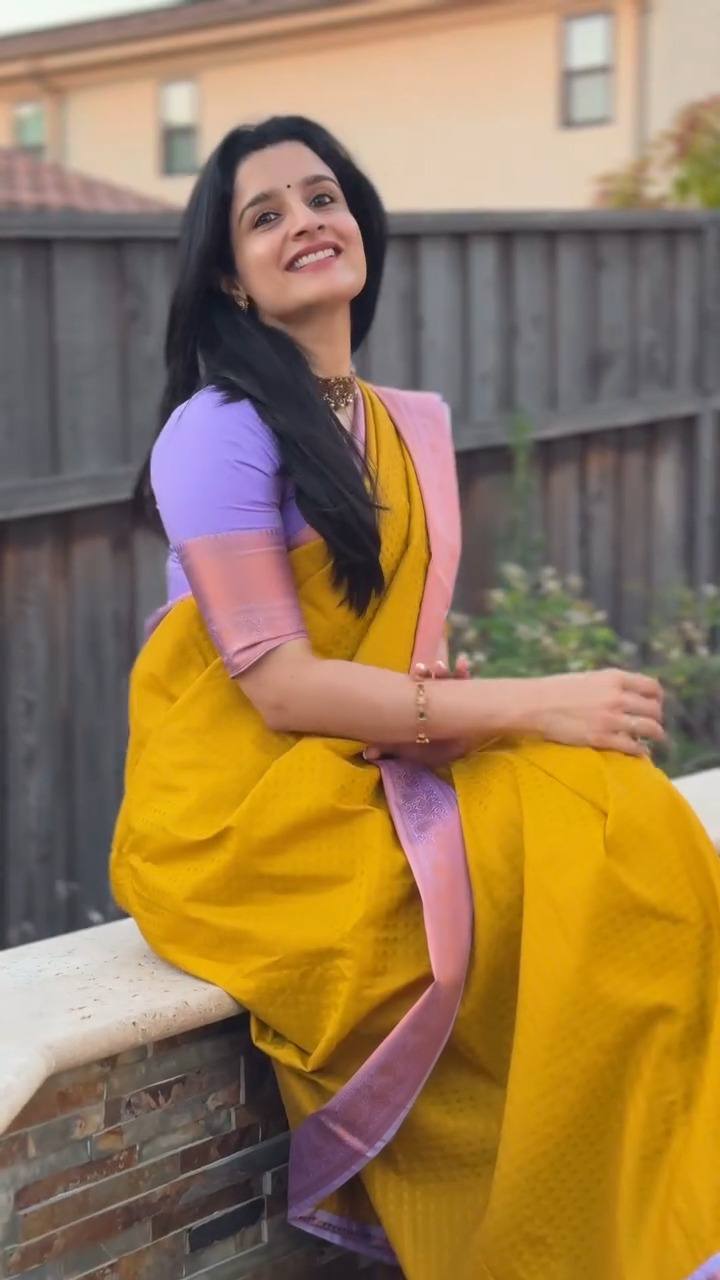 Mustard Yellow & Lavender Contrast Silk Saree with Elegant Zari Border