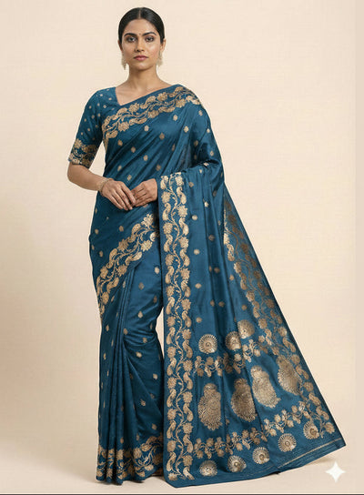 Navy Blue Silk Saree with Rich Gold Zari Peacock & Floral Border