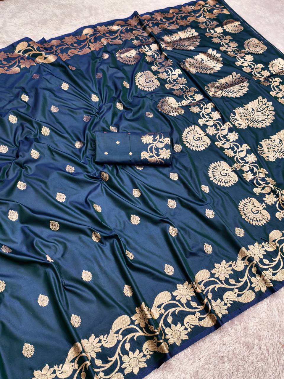 Navy Blue Silk Saree with Rich Gold Zari Peacock & Floral Border