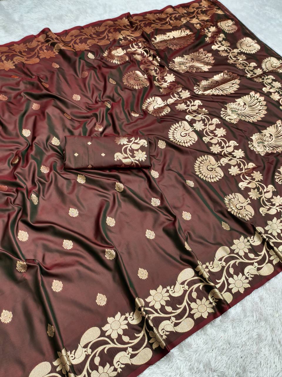Wine Maroon Silk Saree with Grand Gold Zari Peacock & Floral Border