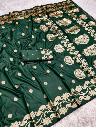 Emerald Green Silk Saree with Regal Gold Zari Floral & Peacock Border