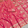 Coral Pink Silk Saree with Elegant Gold Zari Floral & Peacock Border