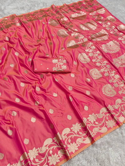 Coral Pink Silk Saree with Elegant Gold Zari Floral & Peacock Border
