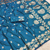 Teal Blue Silk Saree with Elegant Gold Zari Floral & Peacock Border