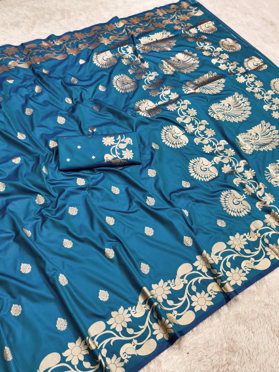 Teal Blue Silk Saree with Elegant Gold Zari Floral & Peacock Border