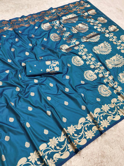 Teal Blue Silk Saree with Elegant Gold Zari Floral & Peacock Border