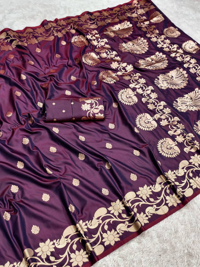 Royal Purple Silk Saree with Luxurious Gold Zari Floral & Peacock Border