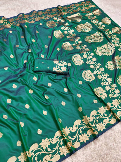 Teal Green Silk Saree with Luxurious Gold Zari Floral & Peacock Border