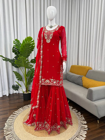 Deep Red Heavy Embroidered Sharara Suit Set with Dupatta