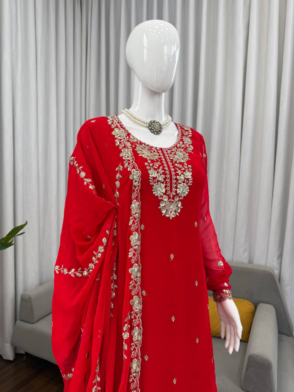 Deep Red Heavy Embroidered Sharara Suit Set with Dupatta