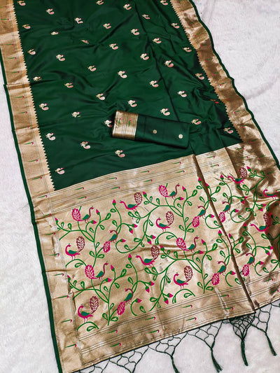 Dark Green Silk Saree with Handcrafted Peacock & Floral Zari Border