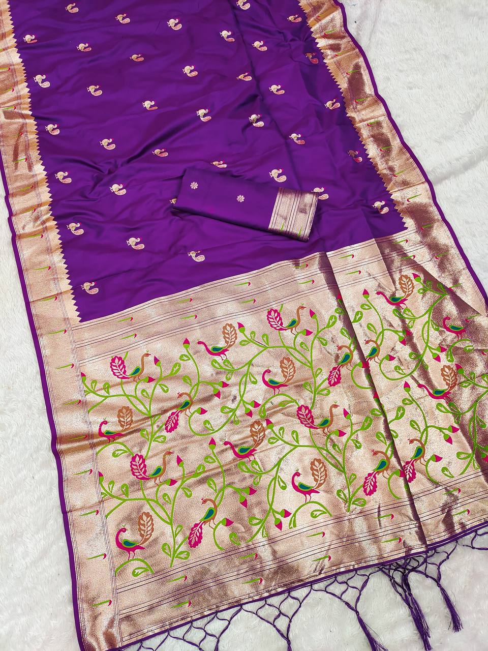 Royal Purple Silk Saree with Handcrafted Peacock & Floral Zari Border
