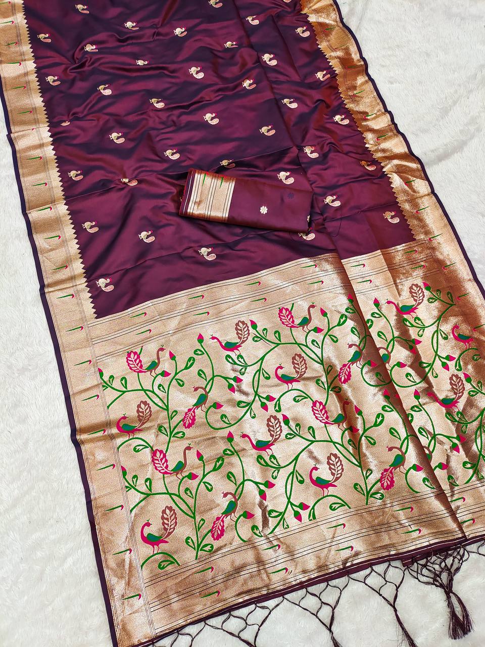 Wine Purple Silk Saree with Handcrafted Peacock & Floral Zari Border