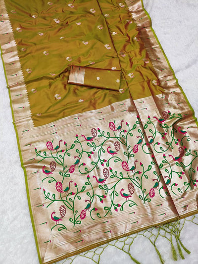 Mustard Gold Silk Saree with Handcrafted Peacock & Floral Zari Border