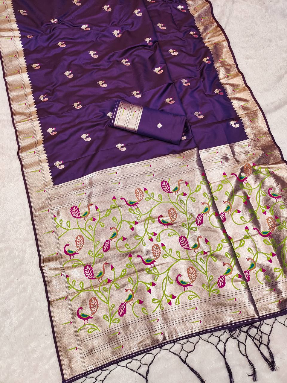 Royal Purple Silk Saree with Handcrafted Peacock & Floral Zari Border