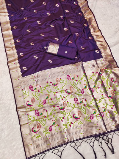 Royal Purple Silk Saree with Handcrafted Peacock & Floral Zari Border