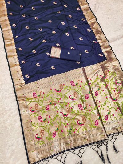 Navy Blue Silk Saree with Handcrafted Peacock & Floral Zari Border