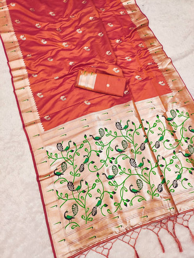 Burnt Orange Silk Saree with Handcrafted Peacock & Floral Zari Border