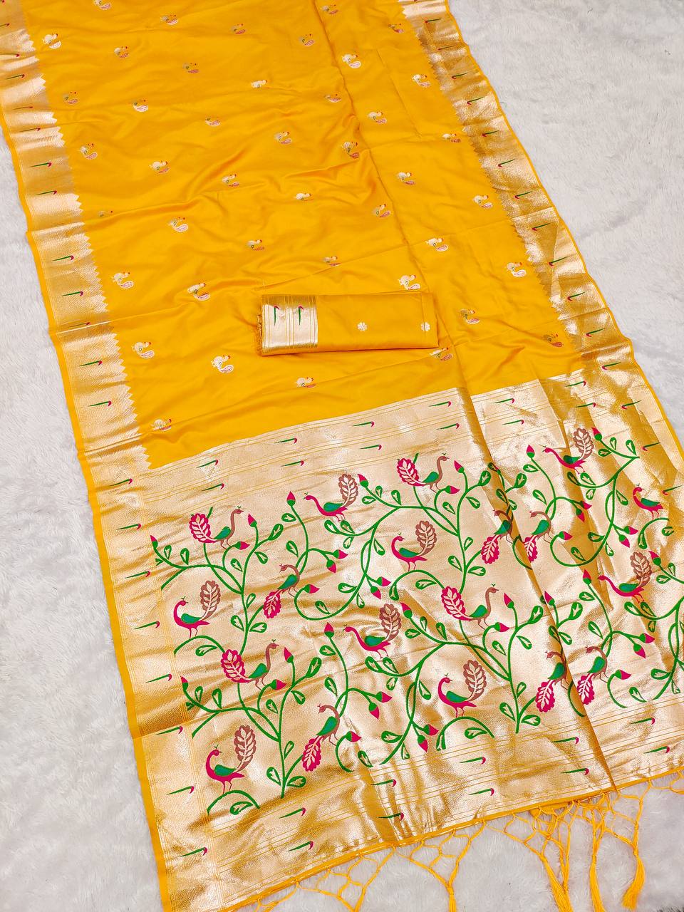 Bright Yellow Silk Saree with Handcrafted Peacock & Floral Zari Border