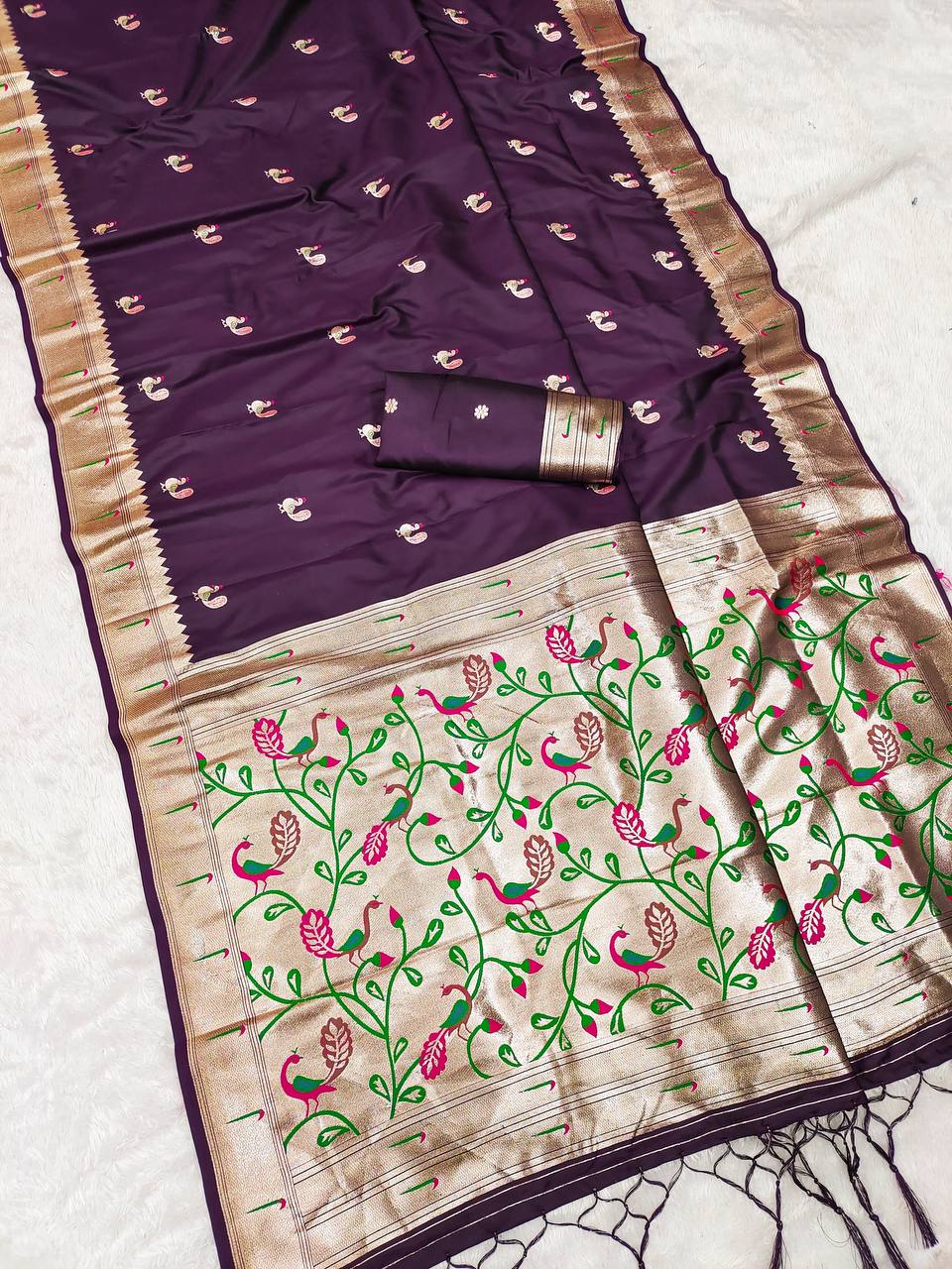 Deep Plum Silk Saree with Handcrafted Peacock & Floral Zari Border