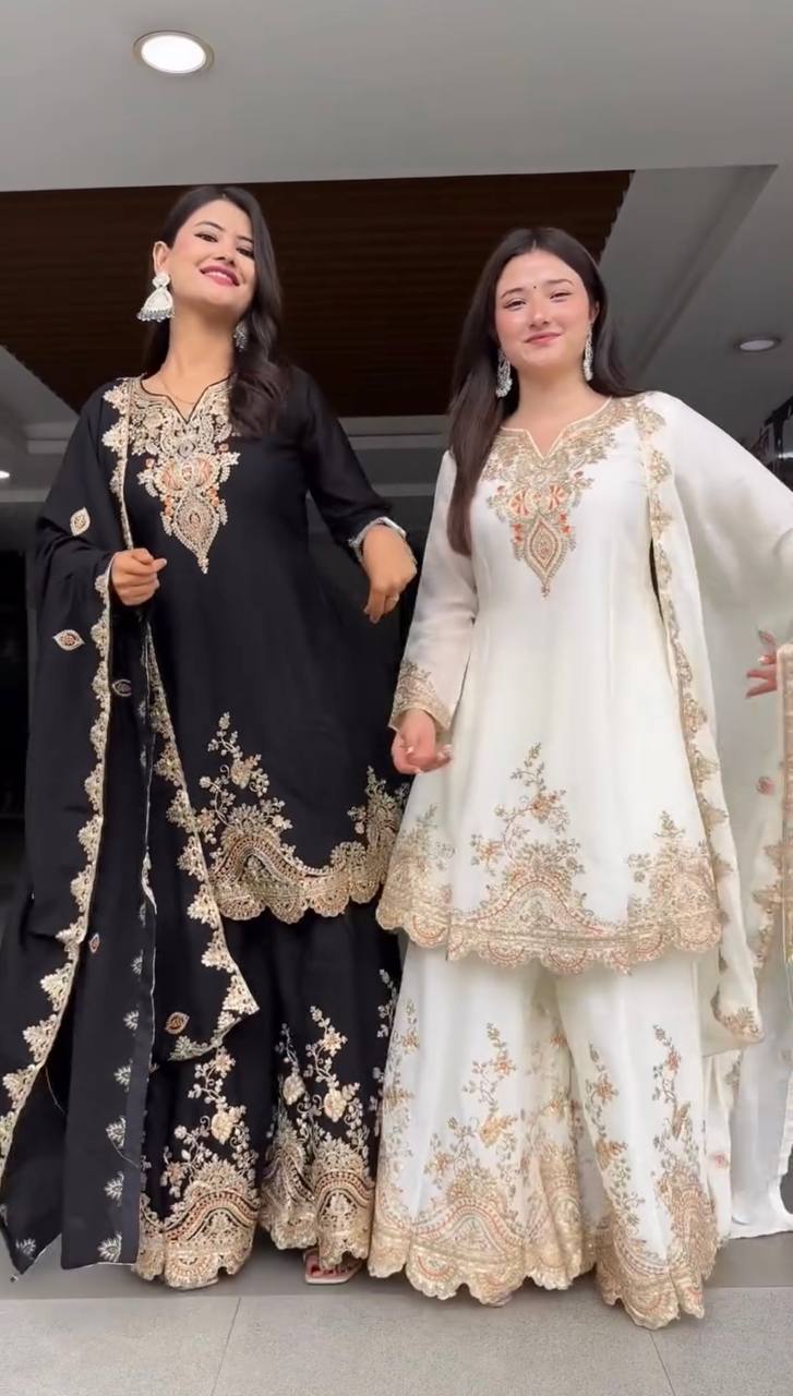 Heavy Embroidered Kurti Sharara Set with Dupatta – 4 Stunning Colors