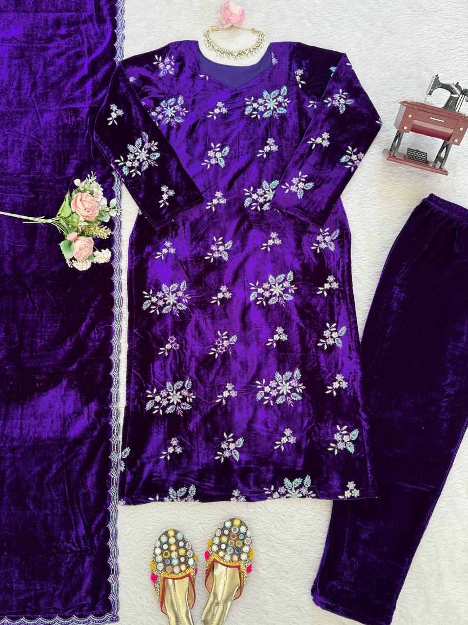 Royal Purple Velvet Embroidered Kurti Pant Set with Dupatta