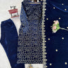 Navy Blue Embroidered Kurti Pant Set with Designer Dupatta