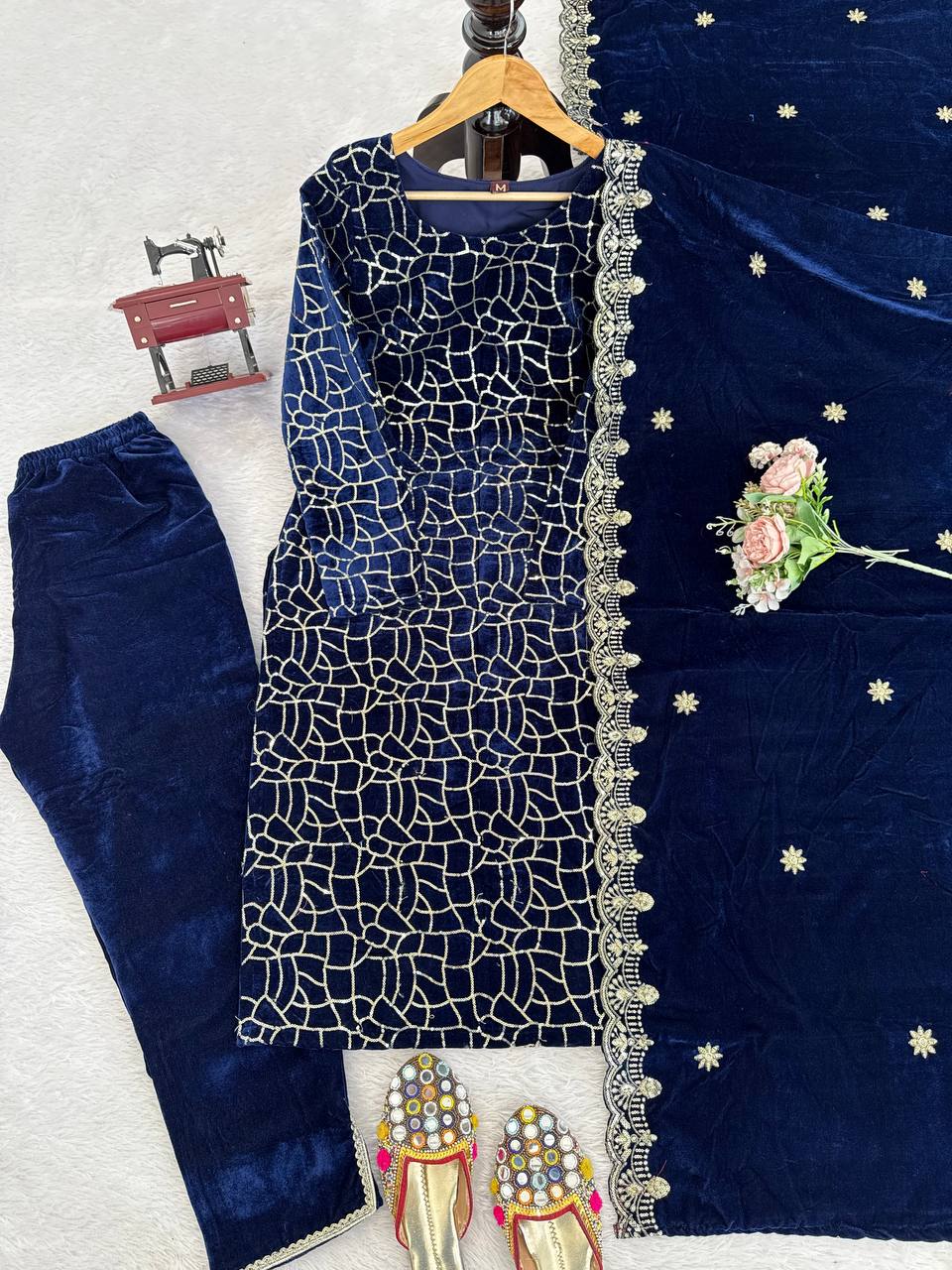 Navy Blue Embroidered Kurti Pant Set with Designer Dupatta
